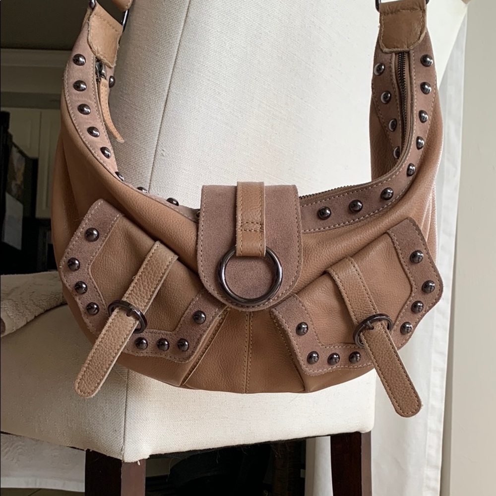 Free People Tan Studded Leather Shoulder Bag